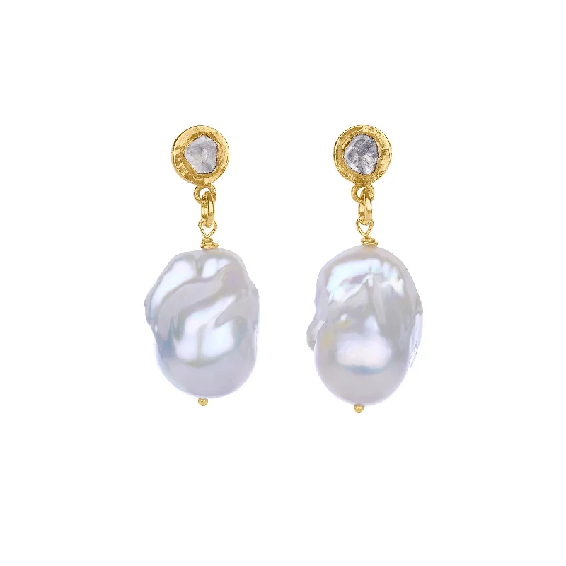 Women’s colorful earrings-Diamond Slice And Baroque Gold Plated Earrings w. Pearls