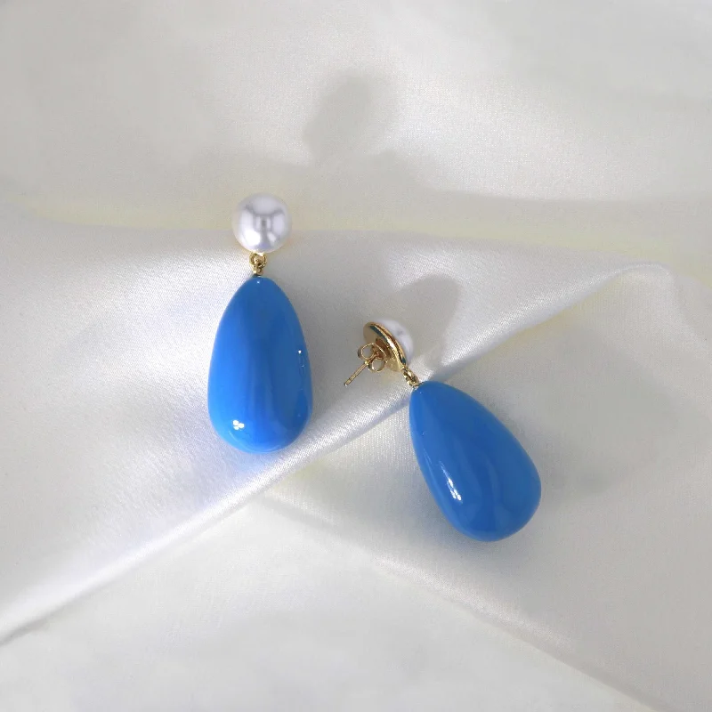 Women’s chandelier earrings-Drop Blue & White Gold Plated Earrings w. Pearls