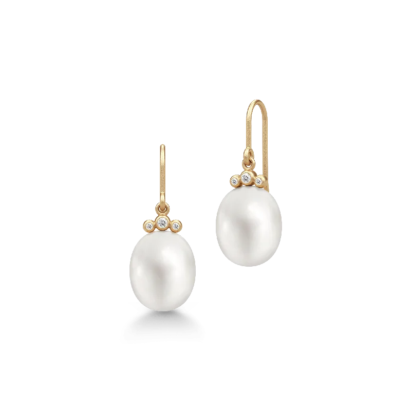 Women’s pearl earrings-Lovina 14K Gold Earrings w. Diamonds & Pearl