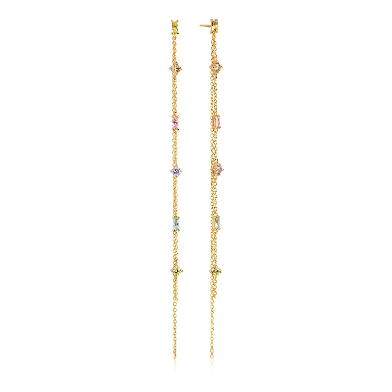 Women’s artistic earrings-Princess Gold Plated Double Chain Earrings w. Green, Blue, Purple & Pink Zirconias