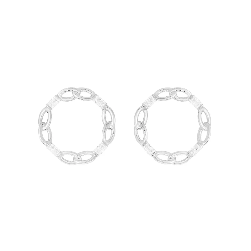 Women’s simple earrings-Baguette Circle White Rhodium on Silver Earrings w. Zirconia