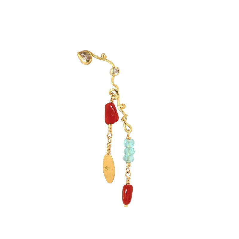 Women’s silver drop earrings-Seafire 18K & 22K Gold Earring w. Diamonds, Corals & Emerald