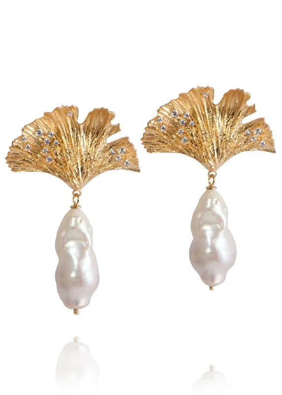 Women’s dangle earrings-Ginkgo Leaf Vermeil Gold Plated Earrings w. Pearls