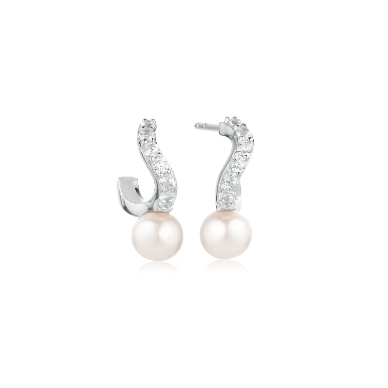 Women’s square earrings-Ponza Small Silver Creols w. Zirconias & Pearl