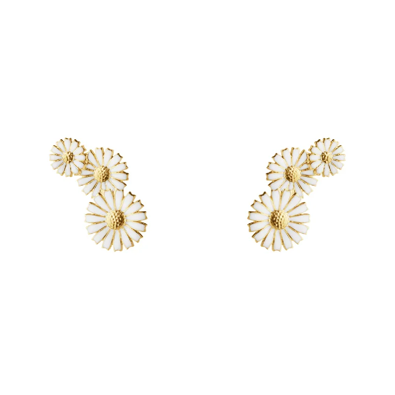 Women’s silver stud earrings-Daisy 3 Flower Layered Gold Plated Earrings w. White Enamel