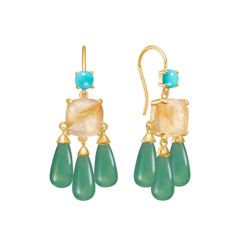 Women’s luxury stud earrings-18K Gold Plated Earrings w. Quartz, Agate & Turquoise