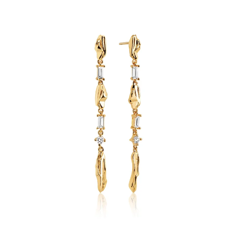 Women’s rose earrings-Vulcanello Lungo Grande Gold Plated Earrings w. White Zirconias