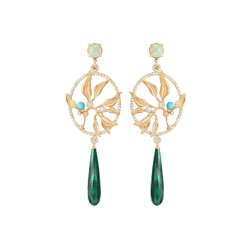 Women’s drop earrings-Exclusive Dream Catcher 18K Gold Earrings w. Diamonds, Moonstone, Pearl, Opal, Turquoise & Malachite