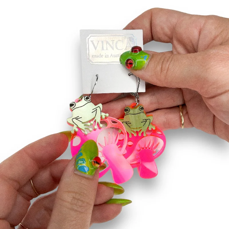 Women’s flower earrings-Last Chance! TOAD-ally FUN-gi Dangle Earrings on pink mushrooms