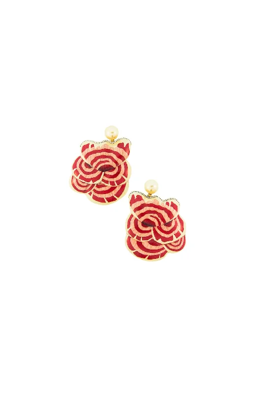 Women’s pearl drop earrings-Sculptural Botanical Marquetry Red Mushrooms 18K Gold Earrings w. Pearl