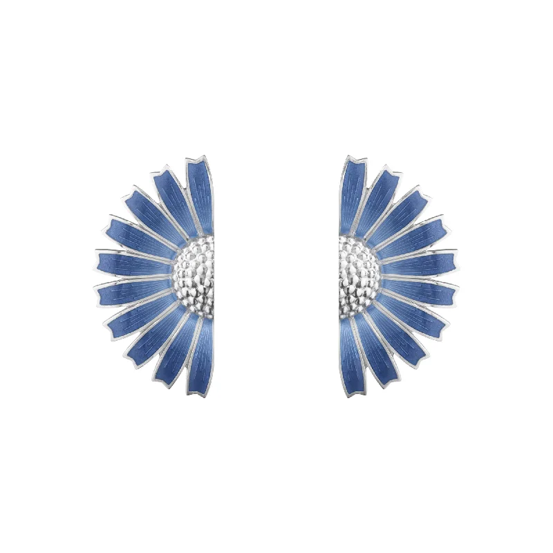 Women’s chandelier earrings-Daisy Half Flower Silver Earrings w. Blue Enamel