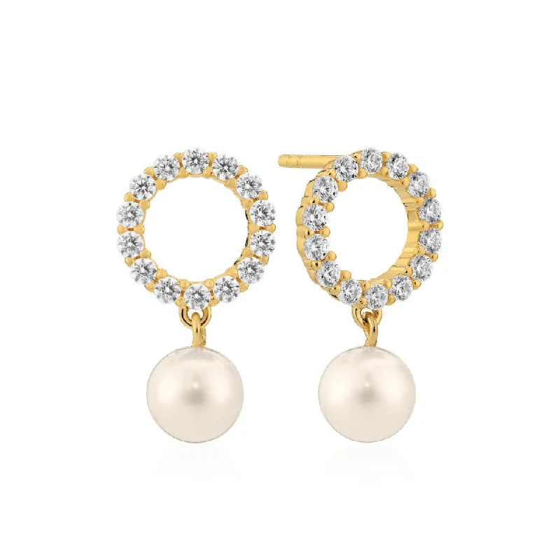 Women’s heart-shaped earrings-Biella Perla Uno 18K Gold Plated Earrings w. Zirconia & Pearl