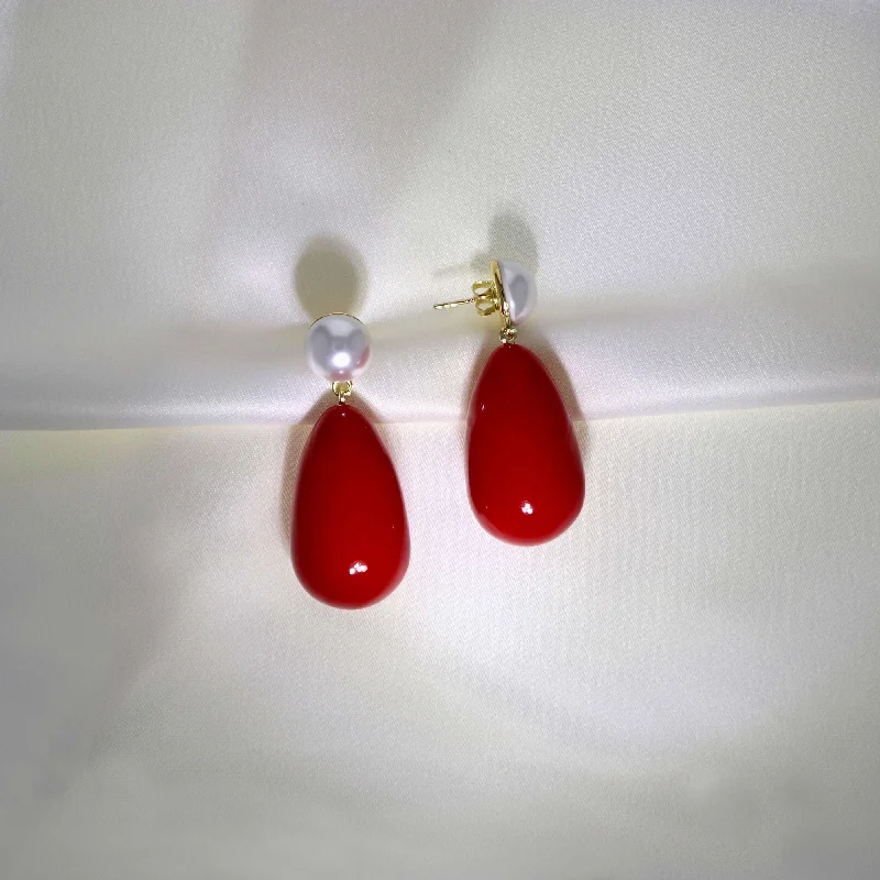 Women’s hoop earrings-Drop Red & White Gold Plated Earrings w. Pearls