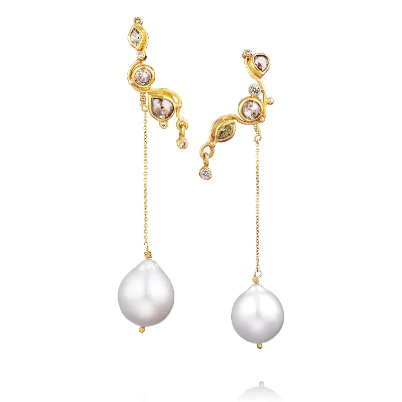 Women’s dangle earrings-Seafire 18K Gold Earrings w. Diamonds & Pearls