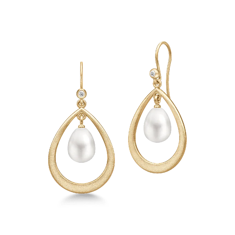 Women’s round earrings-Afrodite Droplet Gold Plated Earrings w. Pearl & Zirconia