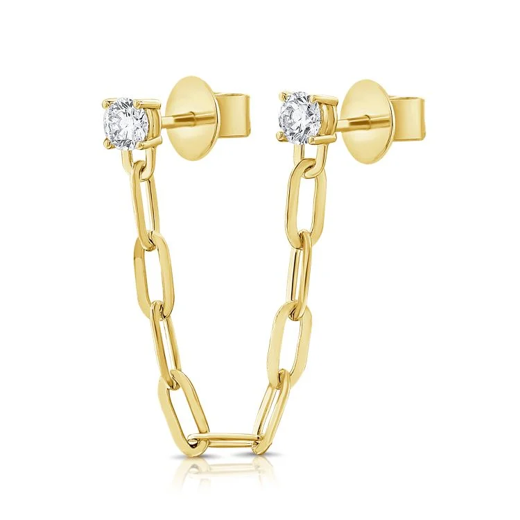 Women’s diamond chandelier earrings-Diamond Double Stud Paperclip Chain Earring