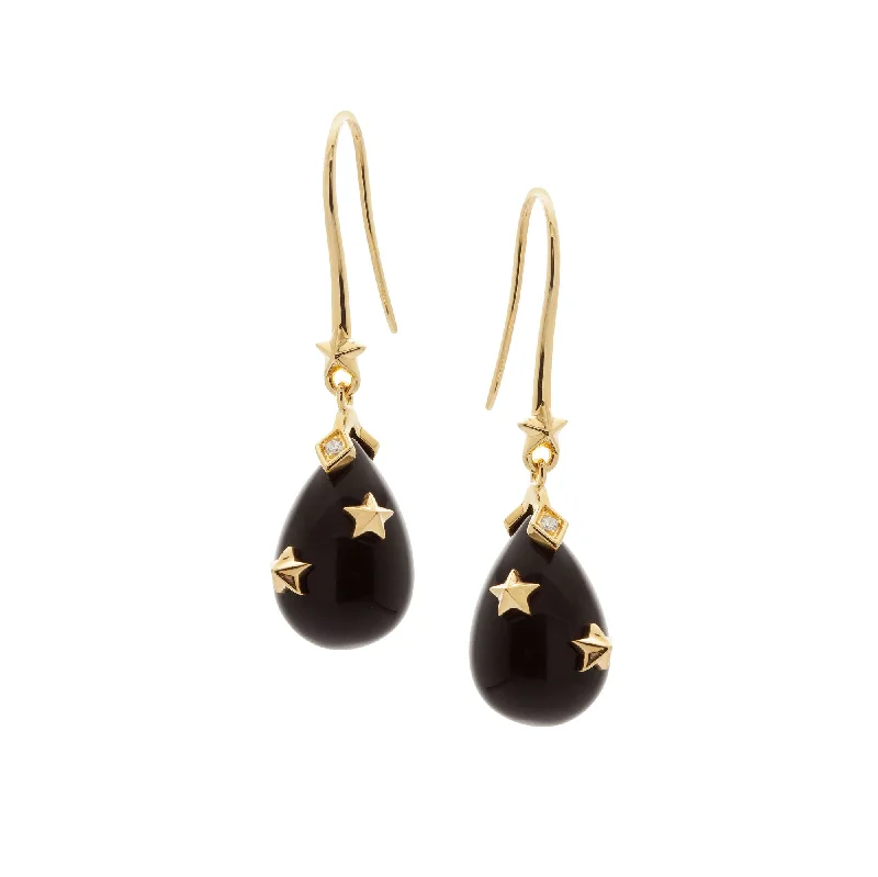 Women’s clip-on earrings-Hook Drop Black Gold Plated Earrings w. Onyx