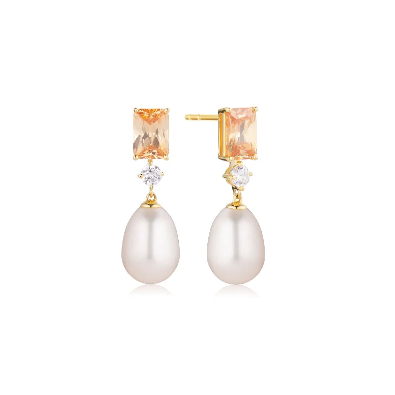 Women’s statement earrings-Galatina 18K Gold Plated Earrings w. Zirconias & Pearl