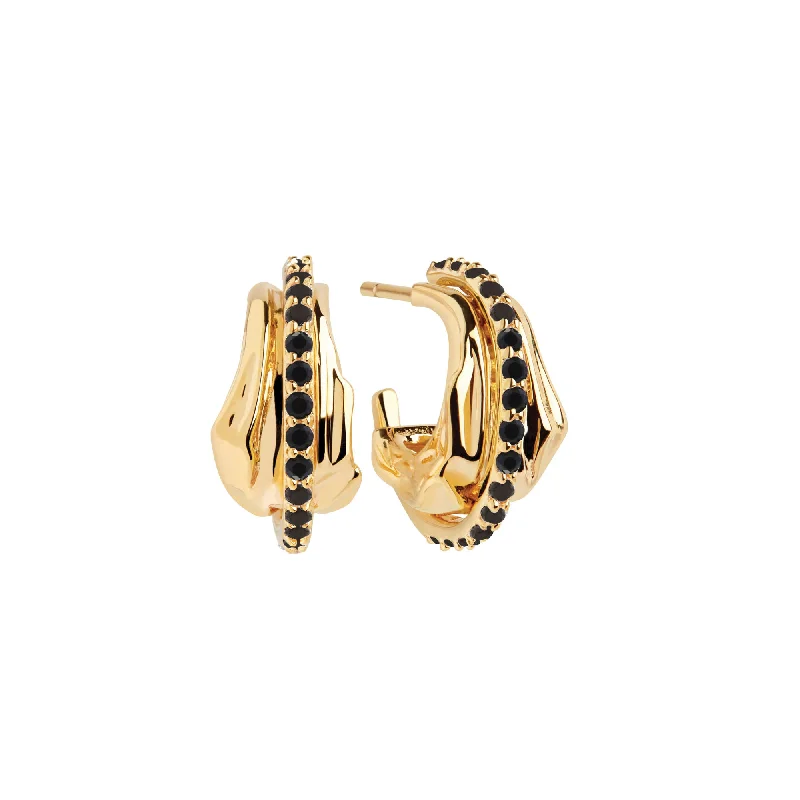 Women’s black earrings-Vulcanello Piccolo Gold Plated Earrings w. Black Zirconias