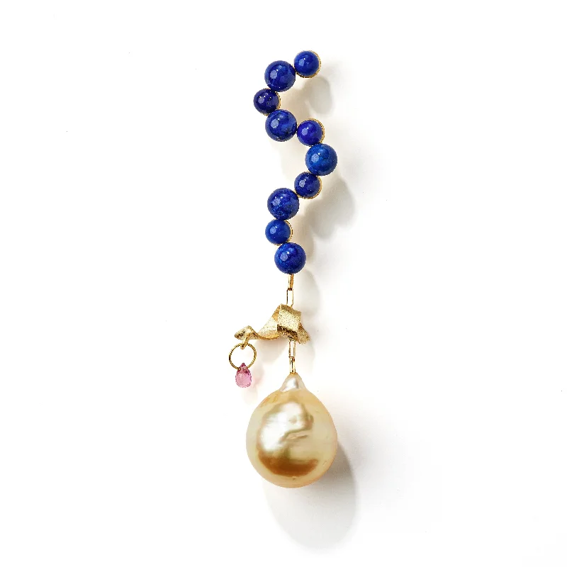 Women’s statement earrings-Fine Curves 18K Gold Earring w. blue Lapis, pink Sapphire & a golden Pearl