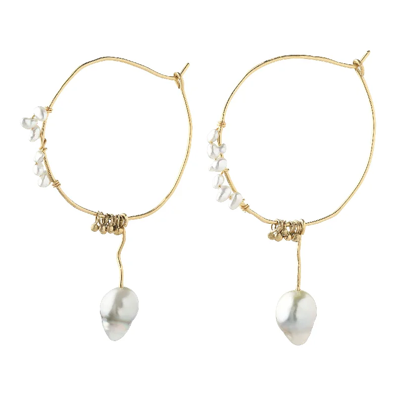 Women’s two-tone earrings-Ocean 14K Gold Hoops w. Pearls