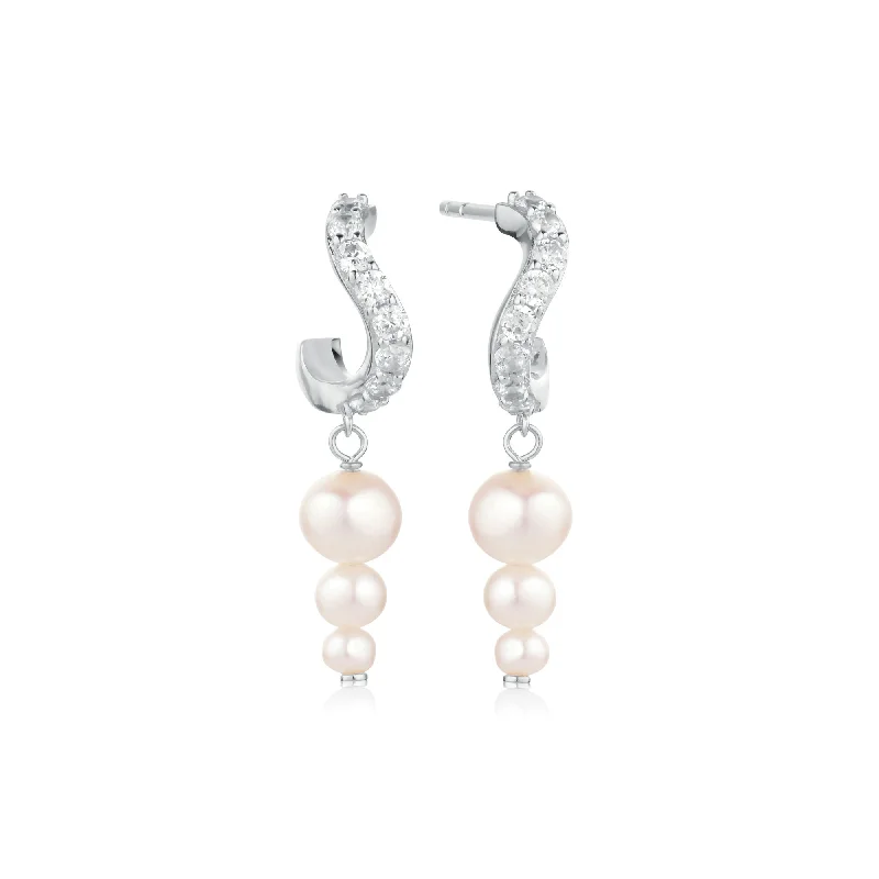 Women’s stud earrings-Ponza Lungo Silver Creols w. Zirconias & Pearls