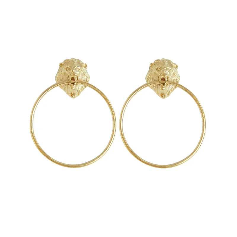 Women’s chunky gold earrings-Lion Large Earrings Gold Plated