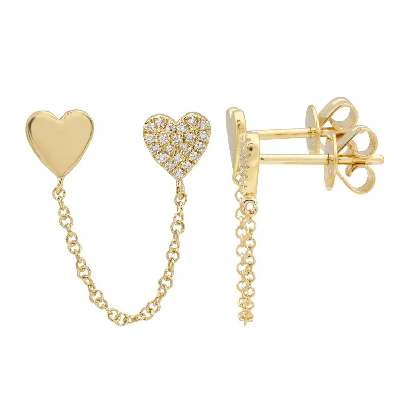 Women’s butterfly hoop earrings-Double Heart Solid and Diamond Chain Earring (Single)