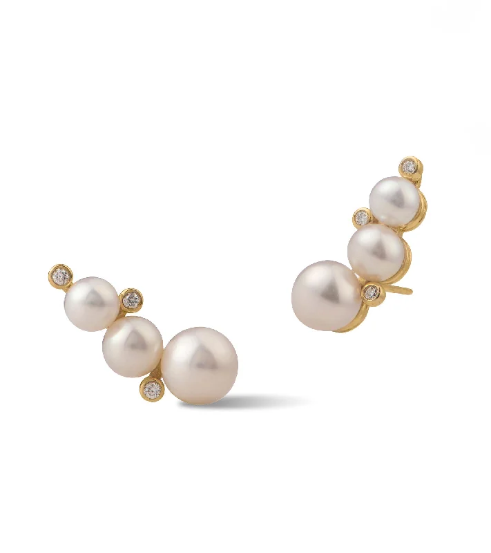 Women’s zirconia earrings-Sea Foam Glimmers 18K Gold Earrings w. Pearls & Diamonds