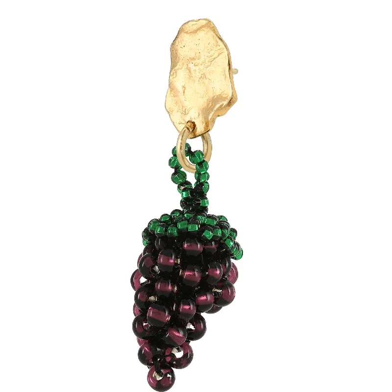 Women’s lightweight earrings-Grape Blob Earring Gold Plated, Red and Purple Beads