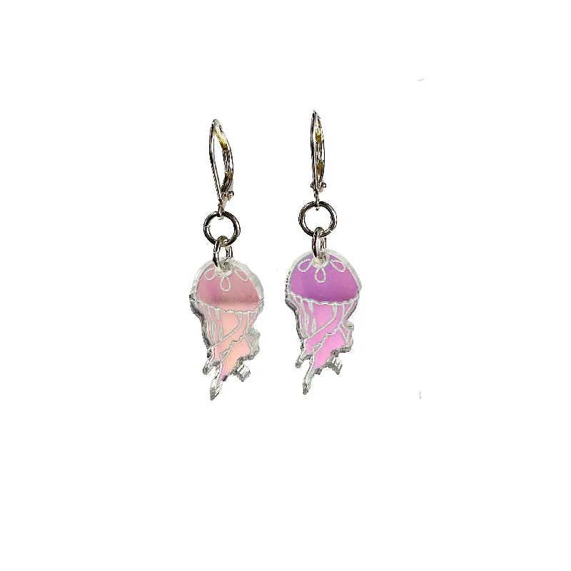 Women’s butterfly hoop earrings-Last Chance! Jellyfish in Iridescent Hologram on hinged hooks