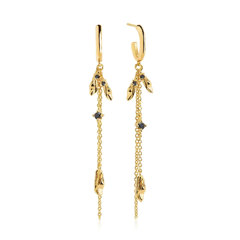 Women’s luxury diamond earrings-Vulcanello Double Chain Gold Plated Earrings w. Black Zirconias