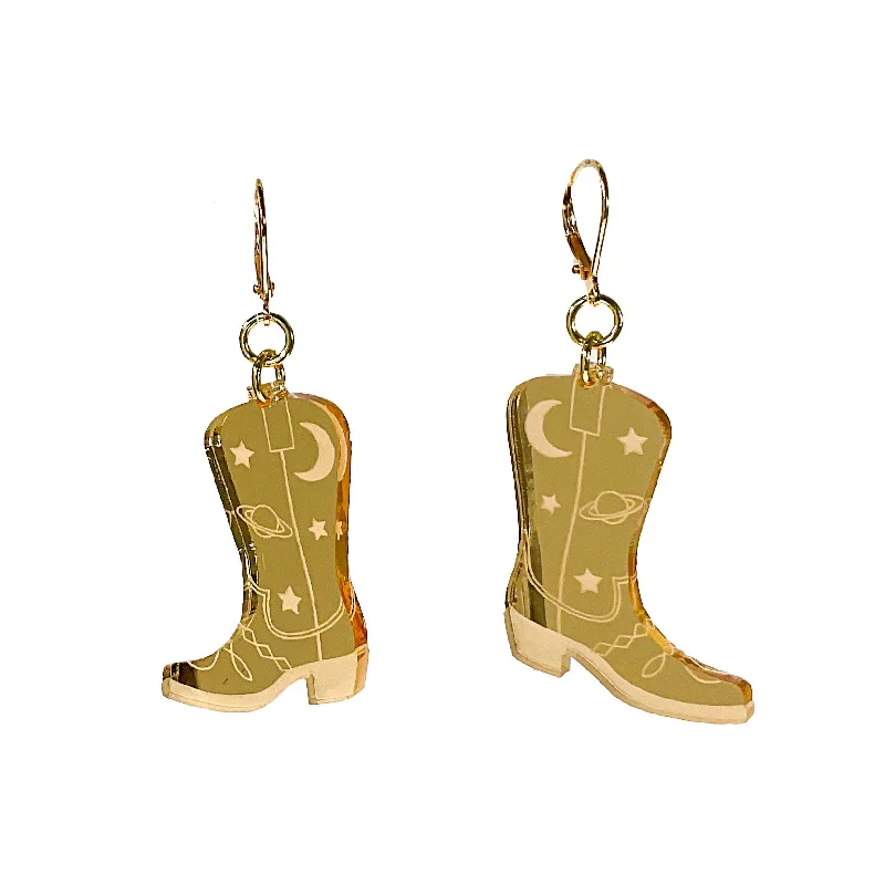 Women’s sparkling hoop earrings-Space Cowboy Boot Dangle Earrings- Mirror Gold