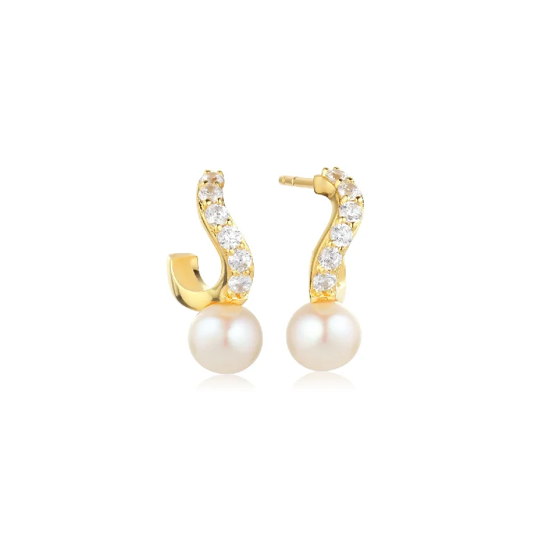 Women’s diamond earrings-Ponza Small 18K Gold Plated Creols w. Zirconias & Pearl