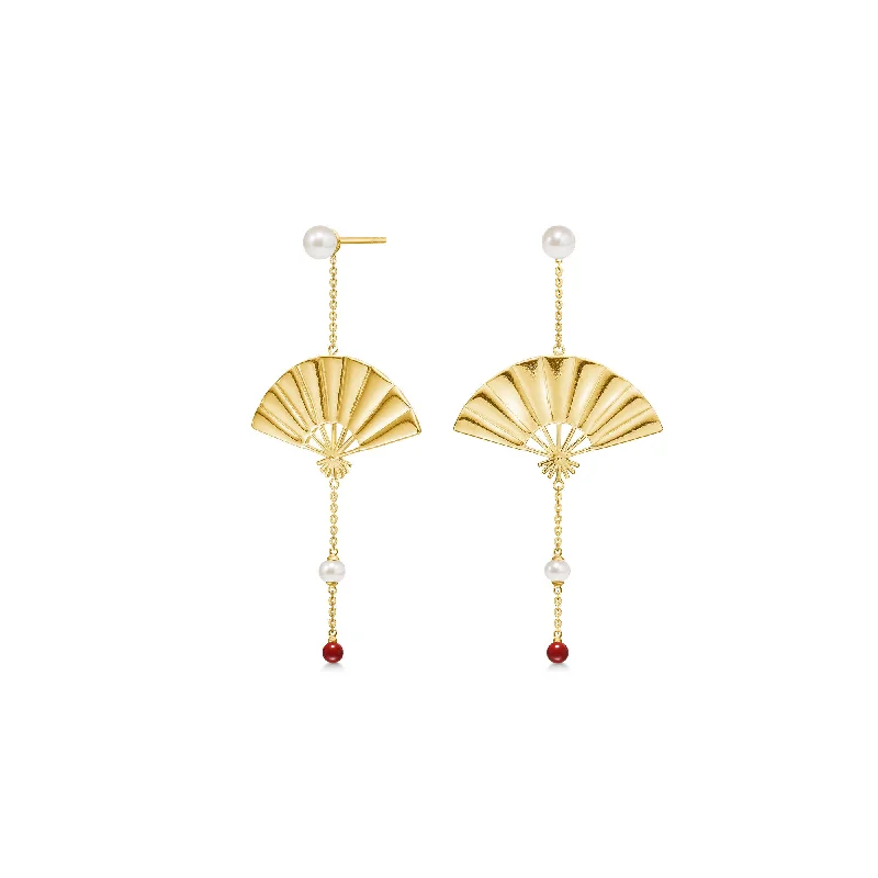 Women’s gold and pearl earrings-Hanging Fan Gold Plated Earrings w. Pearl & Coral