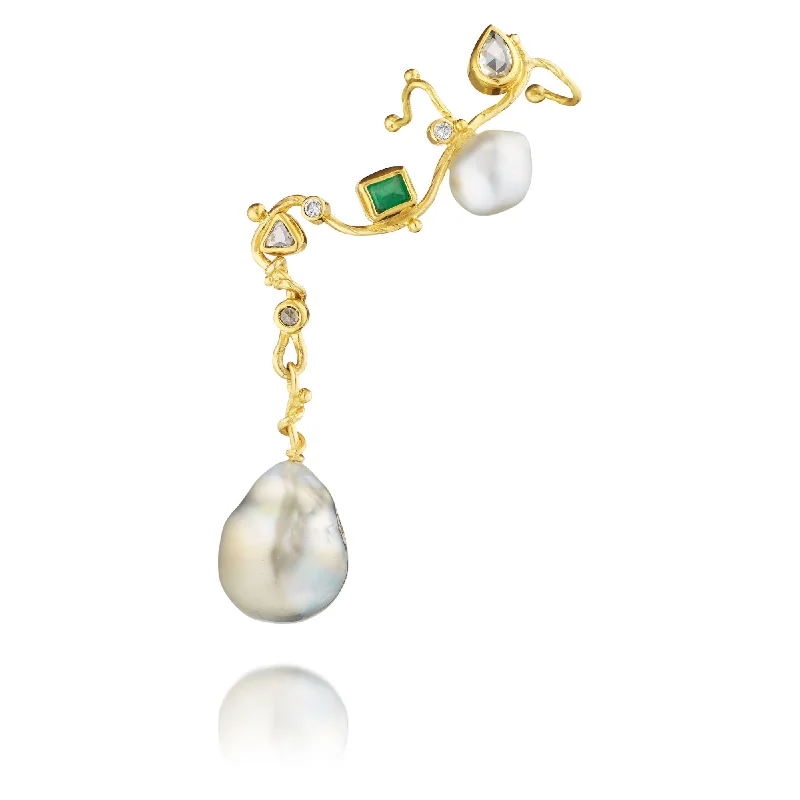 Women’s minimalist earrings-Filuka 18K Gold Earring w. Diamond, Pearl, Sapphire & Emerald