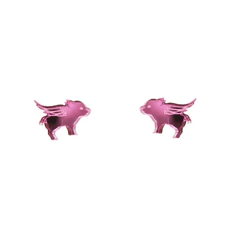 Women’s silver drop earrings-Flying Pig Earrings in Mirror Pink