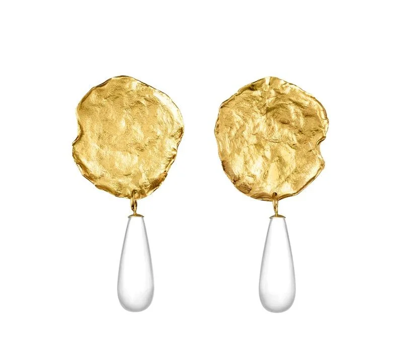 Women’s silver dangle earrings-Thetis and Crystal Gold Plated Earrings w. Quartz