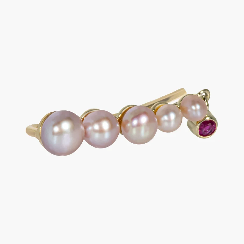 Women’s birthstone earrings-Maya 03 9K Gold Earcrawler w. Ruby & Pearls