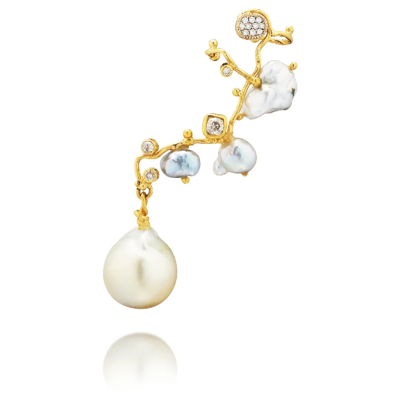 Women’s pearl earrings-Filuka 18K Gold Earring w. Diamonds & Pearls