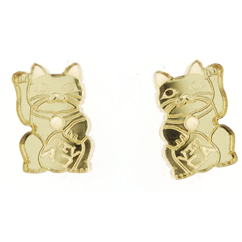 Women’s crystal drop earrings-Maneki Neko Cat Studs in Mirror Gold