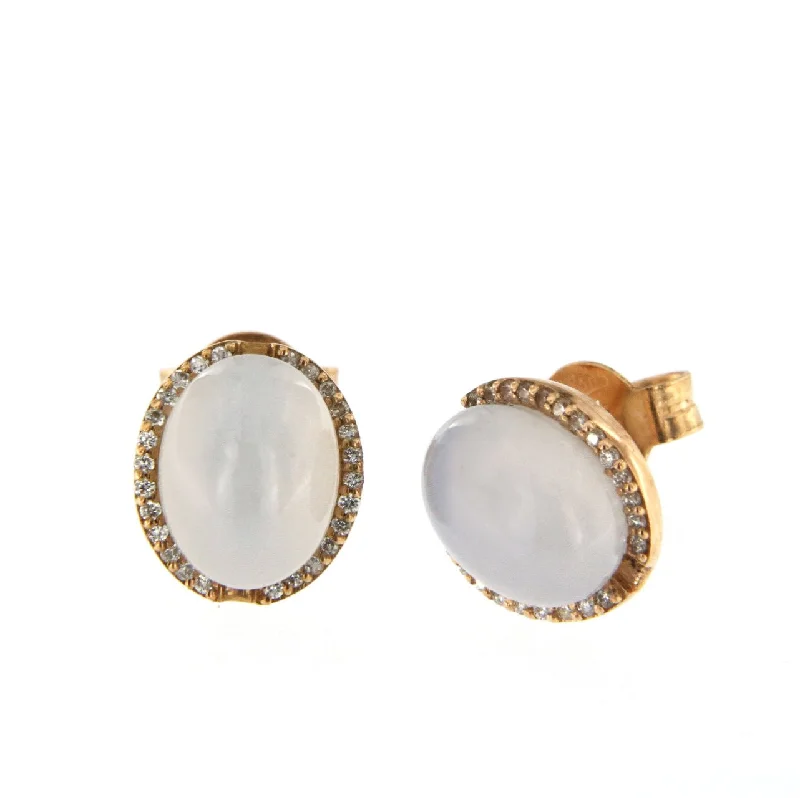 Women’s minimalist earrings-Cabouchon 18K Rose Gold Earrings w. Diamonds & Chalcedony