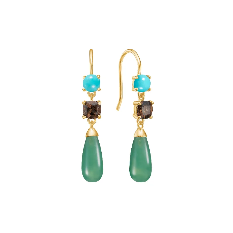 Women’s gemstone stud earrings-18K Gold Plated Earrings w. Agate, Quartz & Turquoise