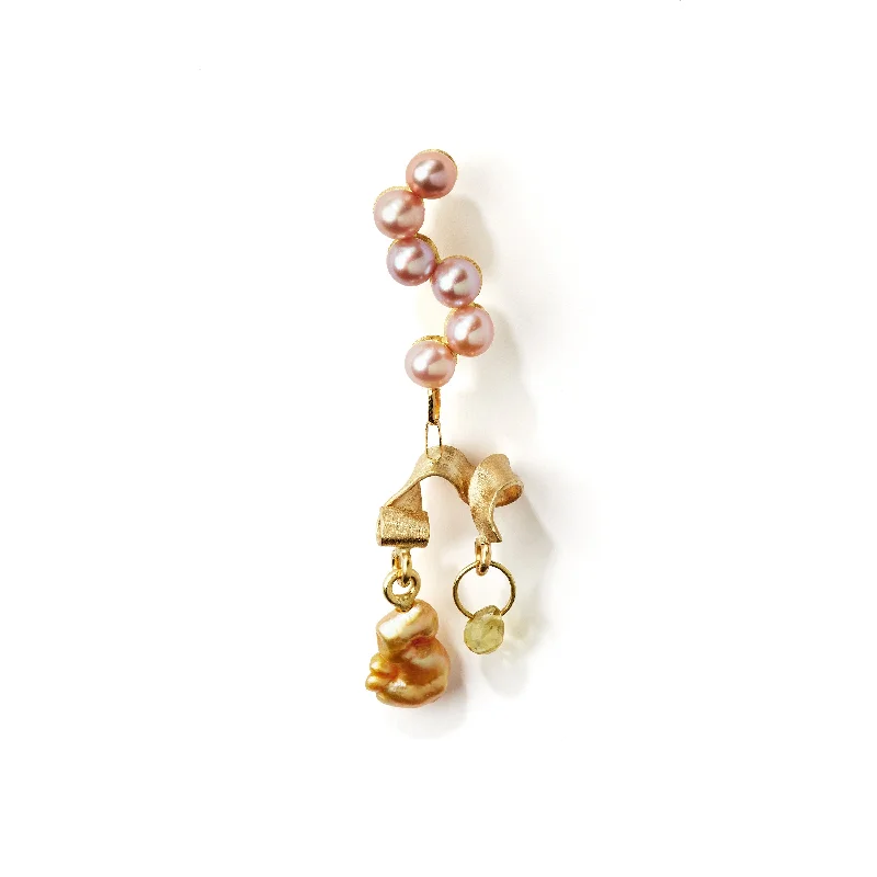 Women’s sparkling hoop earrings-Fine Curves 18K Gold Earring w. Pearls & yellow Sapphire