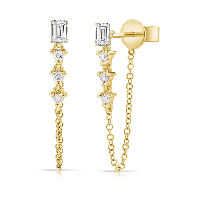 Women’s vintage earrings-Emerald Cut Stud Statement Drop Link Chain Earrings