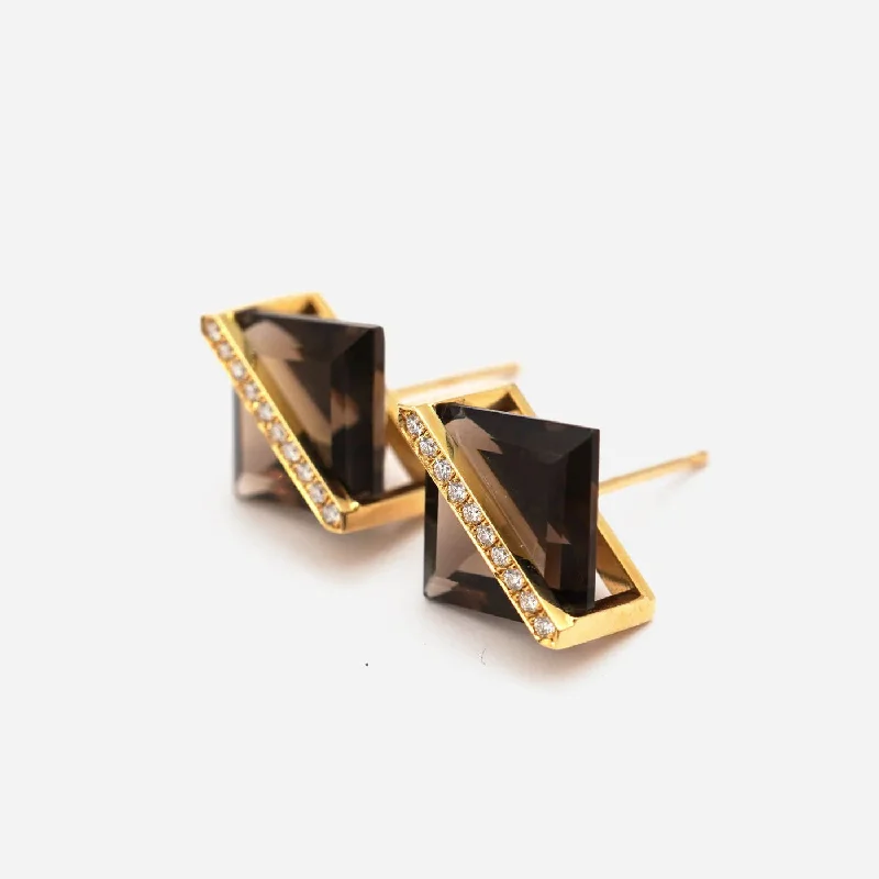 Women’s rose earrings-Band 18K & 10K Gold Earrings w. Smoky Quartz & Diamonds