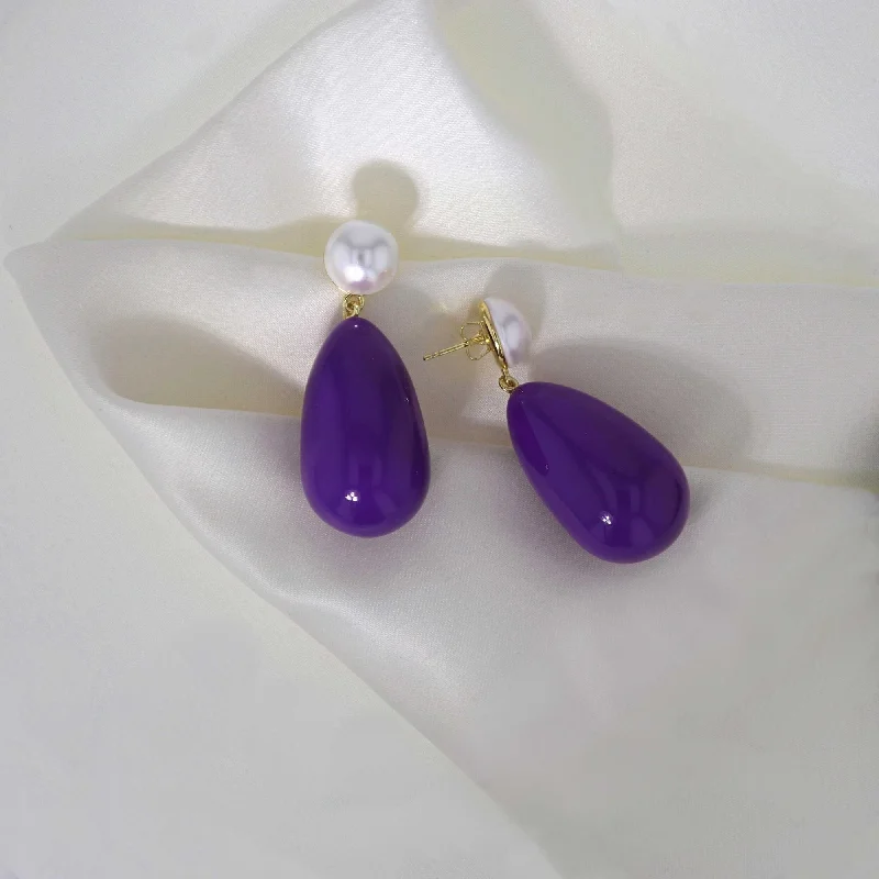 Women’s gold hoop earrings-Drop Purple & White Gold Plated Earrings w. Pearls