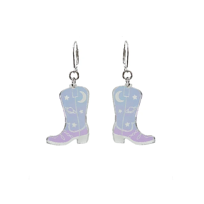 Women’s luxury earrings-Space Cowboy Boot Dangle Earrings- Iridescent