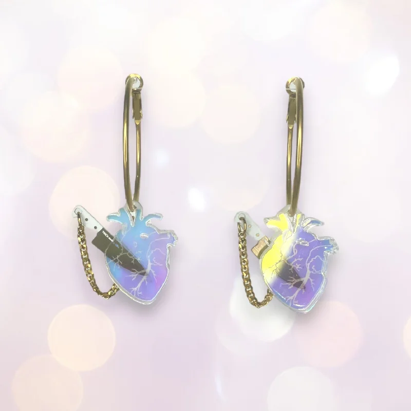 Women’s gemstone stud earrings-Chopped Holo Heart Hoops - Dreamy Iridescent