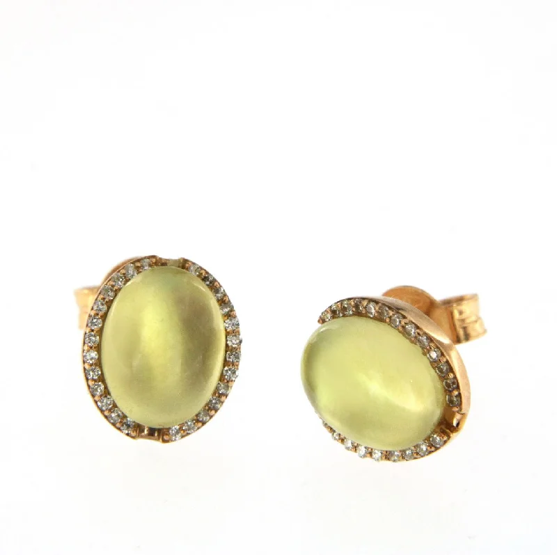 Women’s trendy earrings-Cabouchon 18K Rose Gold Earrings w. Diamonds & Green Quartz